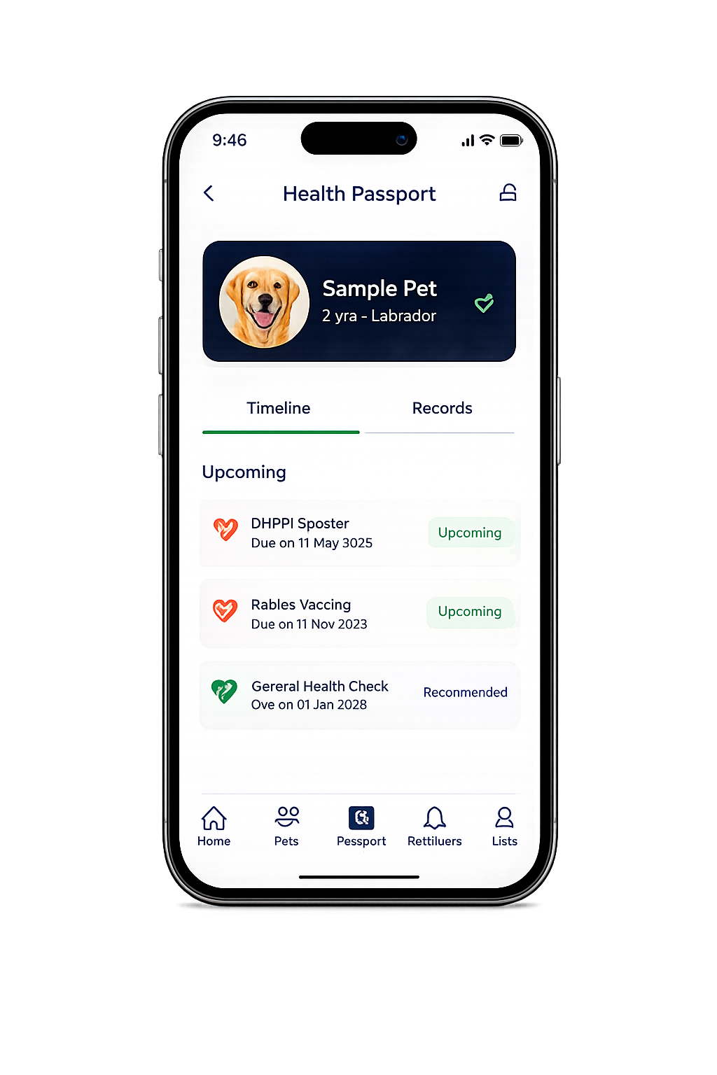 Vetsy Health Passport app showing pet vaccination timeline