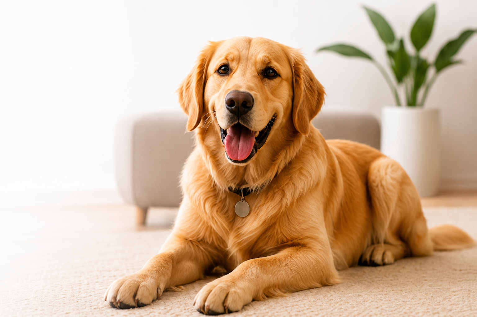 Happy golden retriever at home